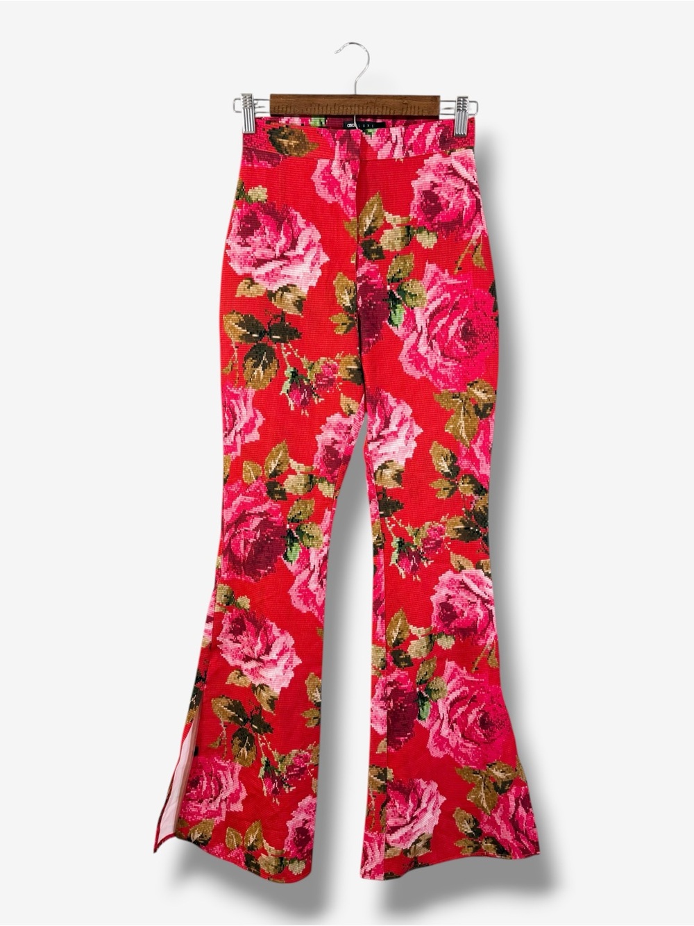 ASOS Luxe Red Pixelated Floral Suit Pants US 0 High Waist Flare Split Hem